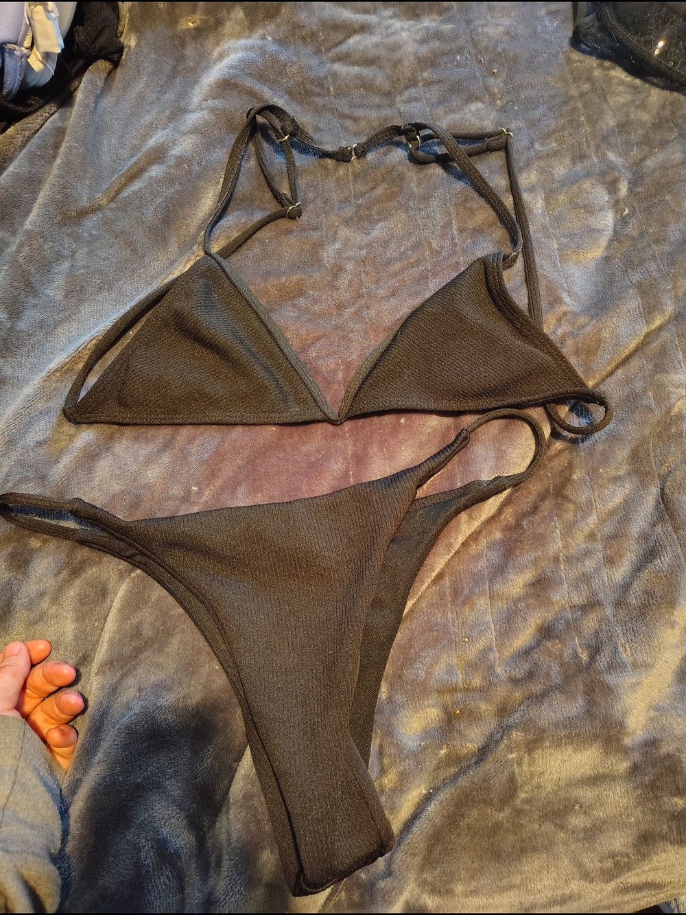 SHEIN Black Ribbed Triangle Bikini Set